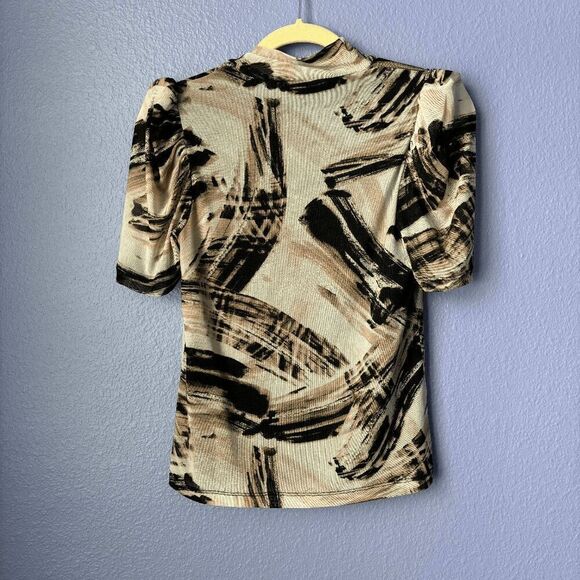 DKNY Women's Cowl Neck Puff Short Sleeve Blouse Petite Small Stretchy Fitted - Picture 2 of 8